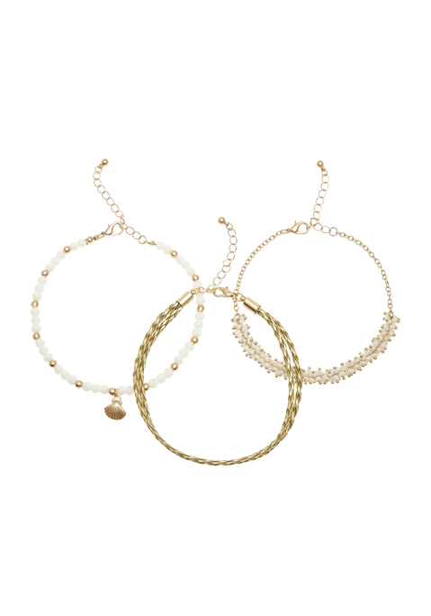 Bild: Fußketten Set von LASCANA: 3-teiliges Fußketten Set von LASCANA. mit Muschelanhänger. Bestehend aus 3 Ketten. Material: Glas, Metall und Kunstleder. Länge ca. 21cm + 5 am Verlängerung.