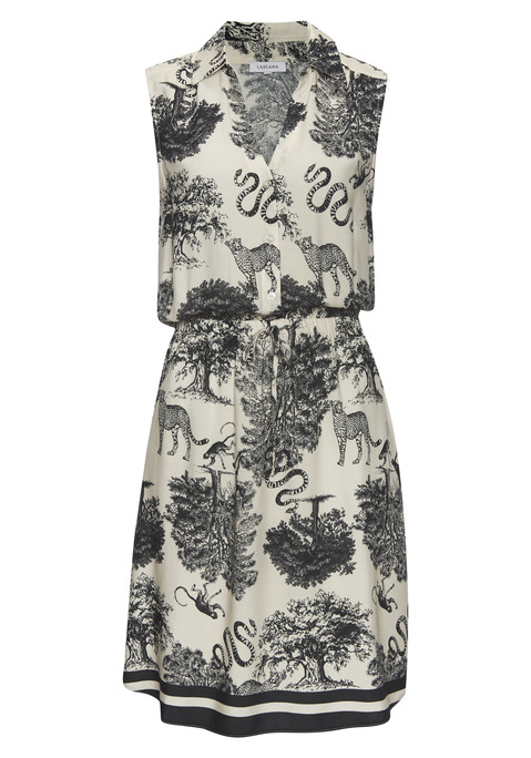 Bild: Hemdblusenkleid von LASCANA: Mit hübschem Alloverprint: Blusenkleid von Lascana. V-Ausschnitt mit Knopfleiste. Integrierter Gummibund in der Taille. Leicht abgerundeter Saum, hinten etwas länger als vorn. Ideal für den Sommer. Luftige, weich fließende Viskose.