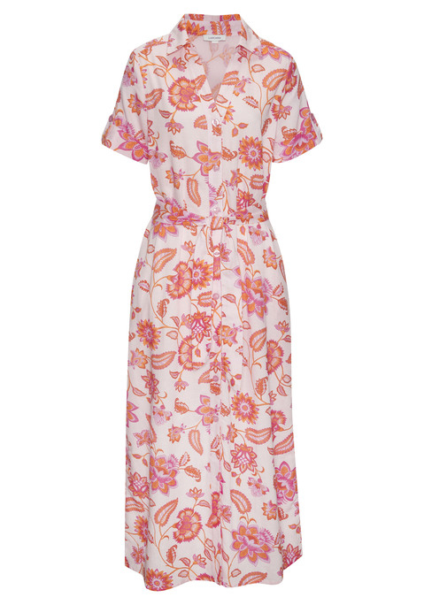 Bild: Hemdblusenkleid von LASCANA: Modisches Hemdblusenkleid von Lascana im Alloverprint, jedes Teil ein Unikat. Schöner Kragen mit durchgehender Knopfleiste. Kurze Ärmel mit fixiertem Ärmelaufschlag, Riegel und Knopf. Inklusive Gürtel. Luftige Qualität mit Leinenanteil.