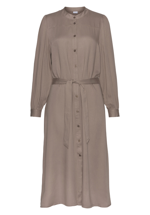 Bild: Hemdblusenkleid von LASCANA: Luftiges, locker fallendes Hemdblusenkleid von Lascana. Hoher, runder Halsausschnitt. Lange Ärmel mit Manschetten. Durchgehende Knopfleiste vorn. Bindegürtel in der Taille.  Fließende, leicht Webqualität.