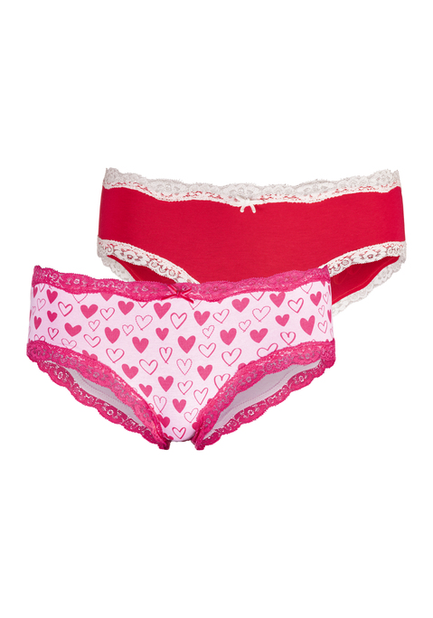 Bild: Hipster von LASCANA: Süße Hipster-Panty von Lascana im praktischen 2er-Pack. Kleine Samtschleife vorn und Spitzen an den Bündchen. 1x uni mit Schriftzug, 1x allover bedruckt. Bequeme, elastische Baumwollmischung.
