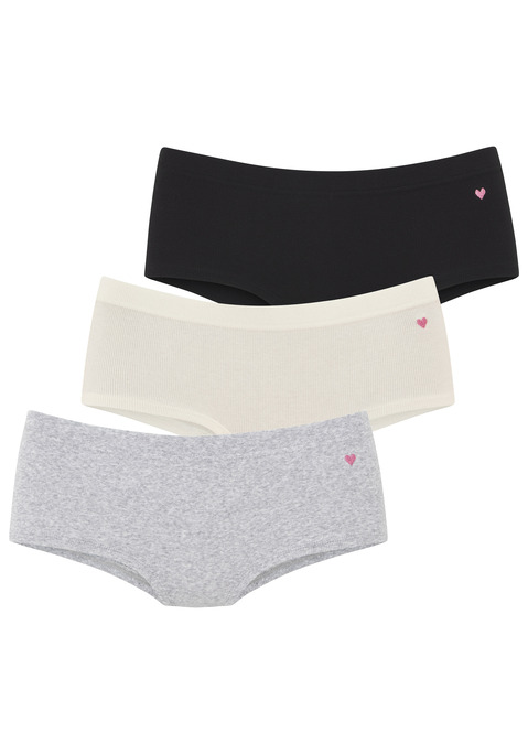 Bild: Hüftpanty von LASCANA: Hipsterpantys von Lascana im 3er Pack mit seitlicher Herz-Stickerei. Bequemer, etwas breiterer Bund. Elastische Baumwoll-Ripp-Qualität.