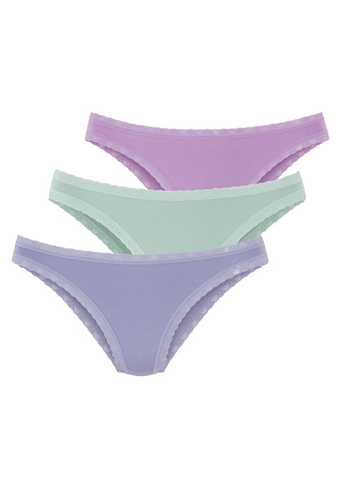 Bild: Jazz-Pants Slips von LASCANA: Schöne Jazzpants von Lascana im praktischen 3er-Pack im unifarbenen Design. Blümchenspitze am Bund und Beinausschnitt für einen verspielten Akzent. Höherer Beinausschnitt für lang wirkende Beine. Tolle Single-Jersey-Qualität mit Modal für ein glattes und weiches Tragegefühl.