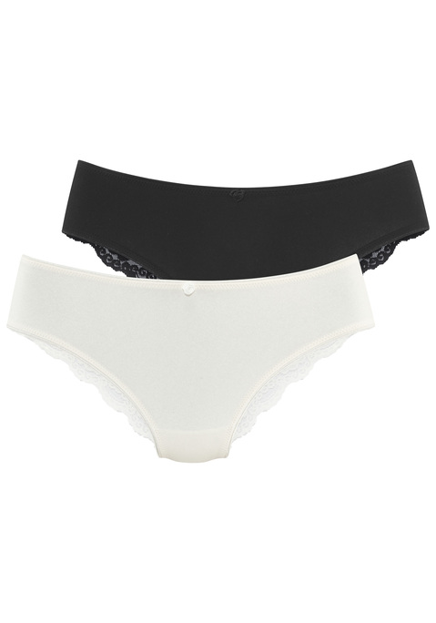 Bild: Jazz-Pants Slips von LASCANA: Unifarbene Jazzpants von Lascana im praktischen 2er-Pack. Vorn schlicht mit zarter Stoffrose als feminines Detail, hinten vollständig aus Spitze gefertigt. Körpernahe Passform für guten Sitz. Baumwollzwickel für ein angenehmes Tragegefühl. Elastisches Material für viel Bequemlichkeit.