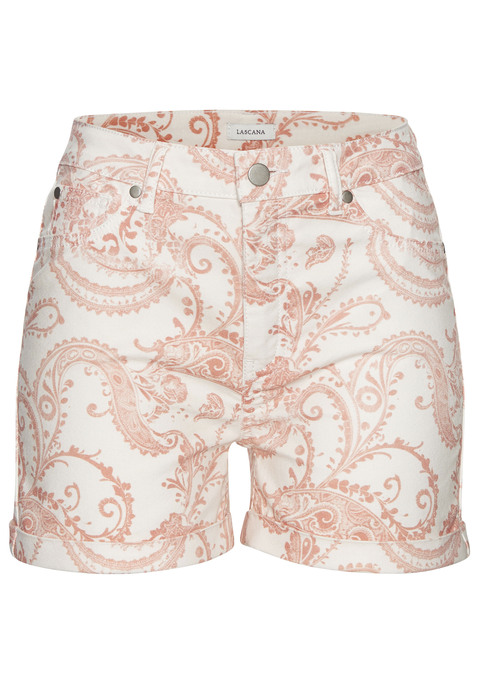 Bild: Jeansshorts von LASCANA: Lässige Jeansshorts von Lascana. Allover-Paisleyprint.  Aufgekrempelte Beinsäume. 5-Pocket-Design. Normale Leibhöhe. Vielseitig tragbar. Hochwertiger Stretchdenim.