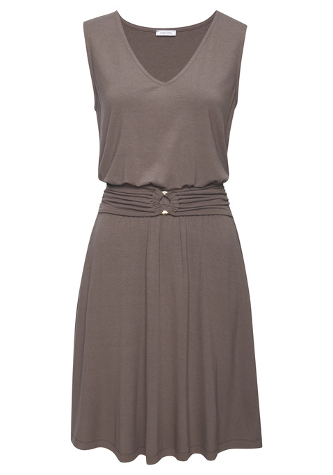 Bild: Jerseykleid von LASCANA: Jerseykleid von LASCANA. Tiefer V-Ausschnitt. Breite Träger. Fixierter Gürtel mit Ring-Accessoire. Schwingender Rockteil. Aus weichem Viskosejersey.
