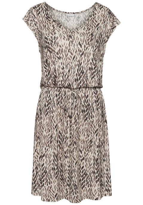 Bild: Jerseykleid von LASCANA: Druckkleid von Lascana. Allovermuster. Kurze Flügelärmel. Gummizug in der Taille mit Zierband. Teilungsnaht mit leichten Raffungen. Weich fließende Viskoseware. Rückenlänge ca. 90cm.