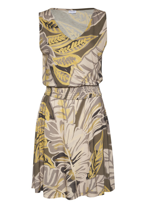 Bild: Jerseykleid von LASCANA: Sommerkleid von Lascana mit Allovermuster. Jedes Teil ein Unikat. Ärmelloses Design mit V-Ausschnitt und Smokeinsatz in der Taille. Figurnahe Passform mit ausgestelltem Rockteil. Weich fließender Viskosejersey.