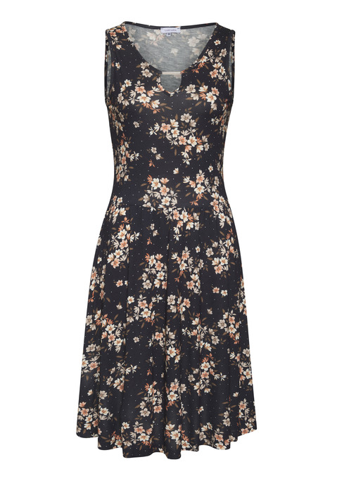 Bild: Jerseykleid von LASCANA: Kleid von Lascana mit floralem Alloverprint. Weiter Rundhalsausschnitt mit Cut-out und Schmuckelement. Breite Tanktopträger. Angesetzter Rockteil auf Hüfthöhe mit ausgestellter Saumweite. Angenehmer Viskosejersey.