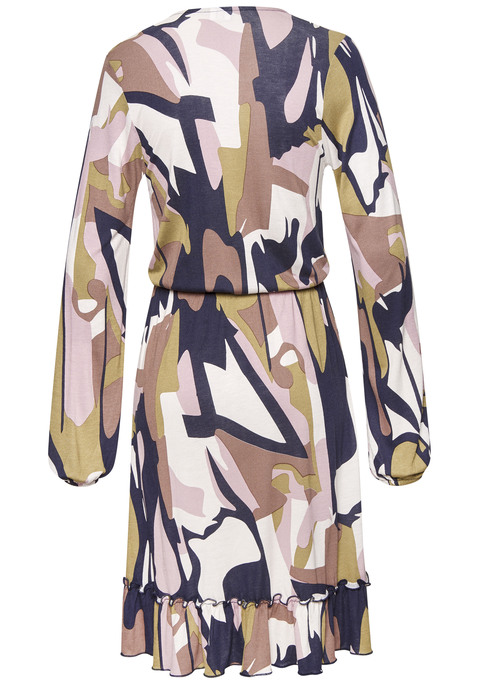 Bild: Jerseykleid von LASCANA: Langarmkleid von Lascana. Allovermuster. Gummizug in der Taille. Überlappender Ausschnitt mit Druckknopf. Rockteil mit Volant am Saum. Trageangenehmer Jersey.