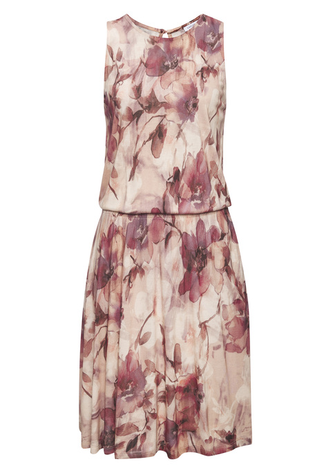 Bild: Jerseykleid von LASCANA: Jerseykleid von Lascana mit Rundhalsausschnitt. Ärmellos und mit Gummizug auf Hüfthöhe. Seitliche Eingrifftaschen. Kniefrei. Schlitz mit Knopfverschluss hinten. Allover bedruckt, jedes Teil ein Unikat. Weiche Jerseyware aus Viskose.