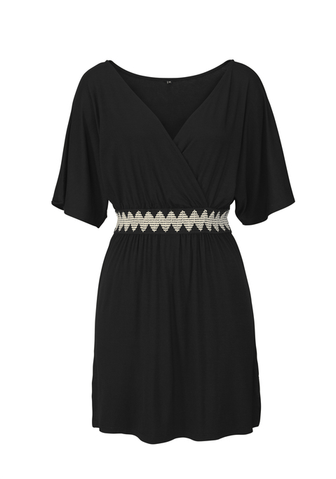 Bild: Jerseykleid von LASCANA: Strandkleid mit tiefem V-Ausschnitt. Kurze Ärmel in weiter Form. Elastisches Zierband in der Taille. Gerader Saumabschluss. Weicher Viskosejersey.