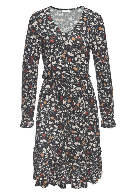 Bild: Jerseykleid von LASCANA: Langärmeliges Kleid von Lascana mit Rüschendetails und hübschem Alloverdruck. Modischer V-Ausschnitt. Elastischer Gummibund auf Taillenhöhe für eine gute Passform. Softe Jerseyware.