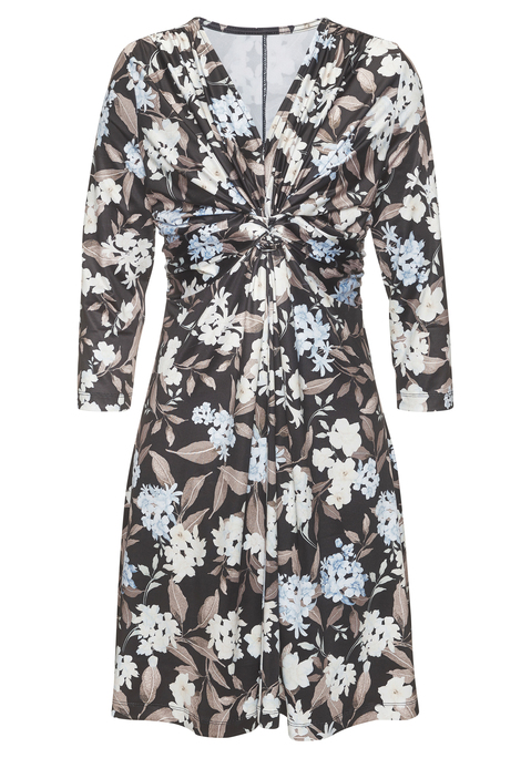 Bild: Jerseykleid von LASCANA: Kleid mit floralem Alloverprint von Lascana. V-Ausschnitt mit Knotendetail. 3/4-Ärmel. Kniefrei. Figurbetonte Passform. Locker fallender Rockteil.  Jerseyqualität.