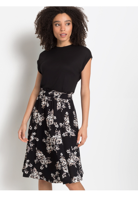 Bild: Jerseykleid von LASCANA: Kleid von Lascana in 2-in-1-Optik. Unifarbenes Shirt und bedrucktes Rockteil im Paperbag-Style mit Gummizug in der Taille. Rocklänge ca. 56 cm. Aus 100% Viskose.