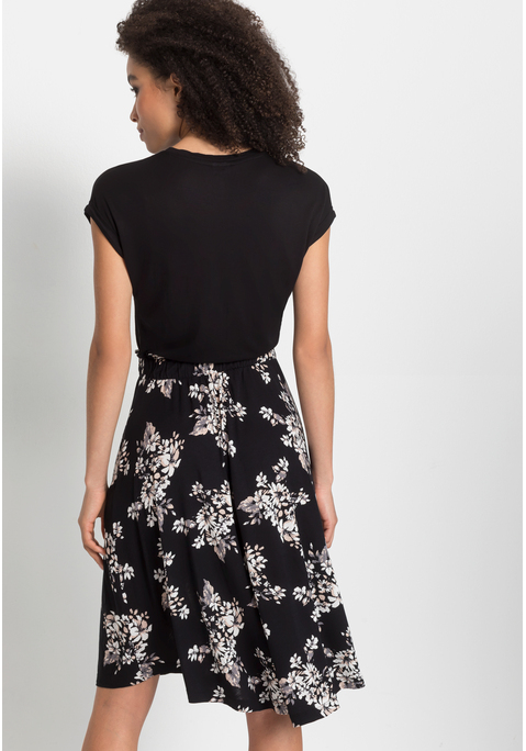 Bild: Jerseykleid von LASCANA: Kleid von Lascana in 2-in-1-Optik. Unifarbenes Shirt und bedrucktes Rockteil im Paperbag-Style mit Gummizug in der Taille. Rocklänge ca. 56 cm. Aus 100% Viskose.