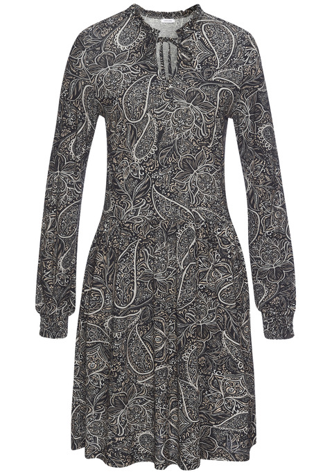 Bild: Jerseykleid von LASCANA: Modisches Jerseykleid von Lascana mit Allover-Print jedes Teil ein Unikat. Minilänge mit Taillennaht. Hoher Kragen mit Rüschen und Kelchausschnitt mit Bindebändern.  Lange Ärmel mit Smok-Abschluss. Elastischer, weicher Viskose-Jersey aus verbesserter Rohstoffbeschaffung.