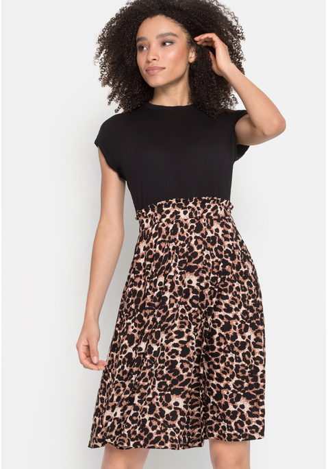 Bild: Jerseykleid von LASCANA: Kleid von Lascana in 2-in-1-Optik. Unifarbenes Shirt und bedrucktes Rockteil im Paperbag-Style mit Gummizug in der Taille. Rocklänge ca. 56 cm. Aus 100% Viskose.