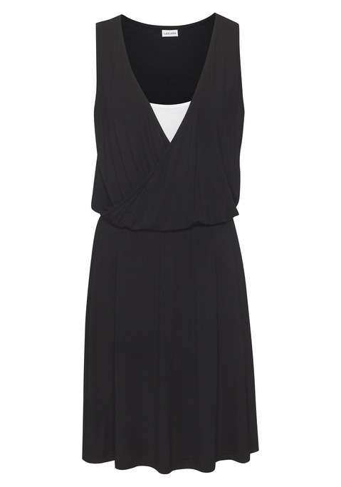 Bild: Jerseykleid von LASCANA: Kurzes Jerseykleid von LASCANA. Mit breiten Trägern in zweilagiger Optik. Gummizug in der Taille und Wickeloptik. In figurumspielender Passform und aus weicher, elastischer Viskosemischung. Die Rückenlänge beträgt ca. 96cm.