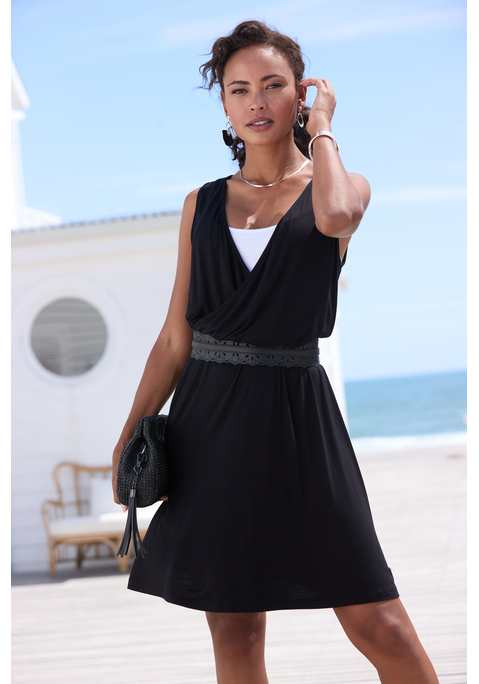 Bild: Jerseykleid von LASCANA: Kurzes Jerseykleid von LASCANA. Mit breiten Trägern in zweilagiger Optik. Gummizug in der Taille und Wickeloptik. In figurumspielender Passform und aus weicher, elastischer Viskosemischung. Die Rückenlänge beträgt ca. 96cm.