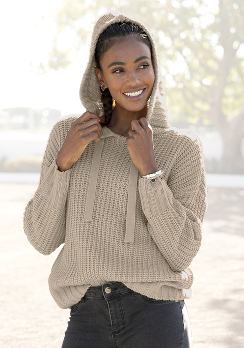 Bild: Kapuzenpullover von LASCANA: Kapuzenpullover von LASCANA aus weichem  Grobstrick mit breit gerippten Bündchen an Ärmeln und Saum. Kapuze mit Tunnelzug. Länge ca. 58 cm. Aus 100% Polyacryl.