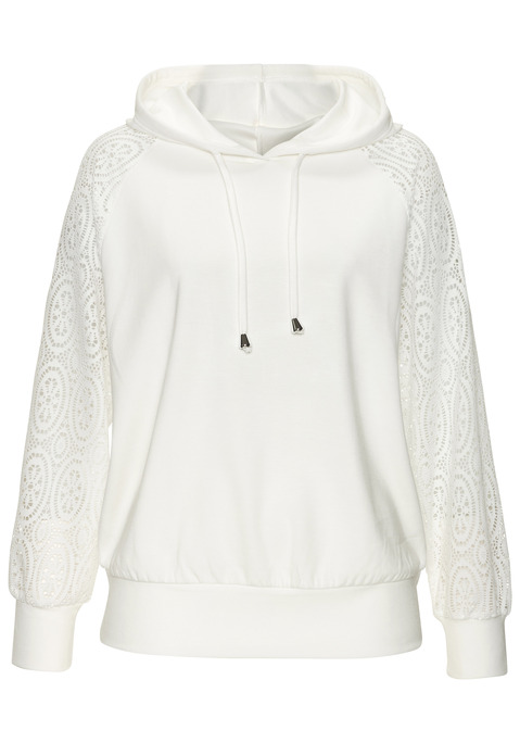 Bild: Kapuzensweatshirt von LASCANA: Kapuzensweatshirt von Lascana mit Ärmeln aus Spitze. Breites Bündchen am Saum. Leichte, bügelfreie Scubaqualität.