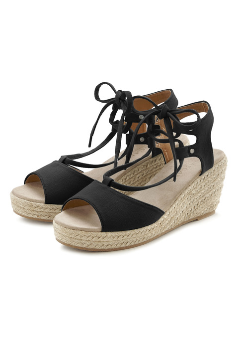 Bild: Keilsandalette von LASCANA: Sandalette mit Keilabsatz von LASCANA. Absatzhöhe ca. 7 cm. Obermaterial aus Textil. Futter aus Lederimitat. Decksohle aus Textil. Laufsohle aus Synthetik. Der Artikel ist vegan.