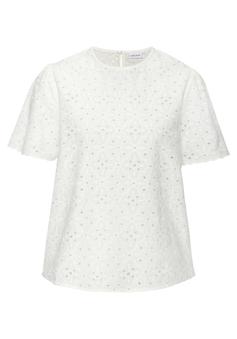 Bild: Kurzarmbluse von LASCANA: Kurzarmbluse von Lascana. Rundhalsausschnitt mit Schlitz und Knopfverschluss hinten. Kurze Puffärmel mit gewelltem Saumabschluss. Gerade geschnitten. Komplett mit Lochstickerei. Leichte, feine Baumwollqualität.