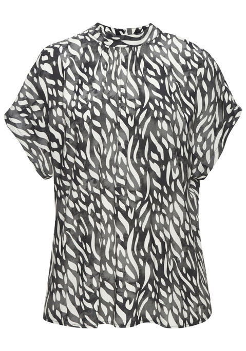 Bild: Kurzarmbluse von LASCANA: Blusenshirt von Lascana mit grafischem Alloverprint und Stehkragen. Schlitz mit Knopfverschluss im Nacken. Weite, überschnittene Ärmel. Gerader Saumabschluss. Fließende Viskose-Webware.