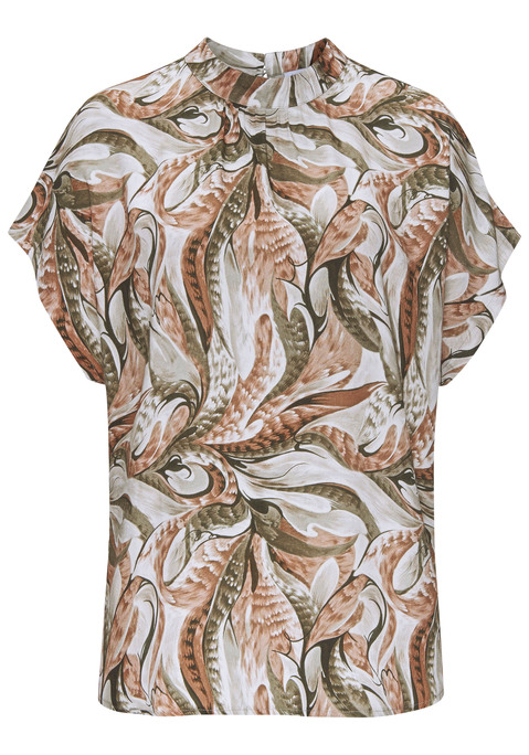 Bild: Kurzarmbluse von LASCANA: Elegante Druckbluse mit kleinem Stehkragen von Lascana. Schlitz mit Knopfverschluss im Nacken. Figurumspielende Passform mit weiten, überschnittenen kurzen Ärmeln. Gerader Saumabschluss. Weich fließender Webstoff aus Viskose.