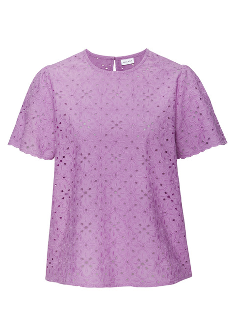 Bild: Kurzarmbluse von LASCANA: Kurzarmbluse von Lascana. Rundhalsausschnitt mit Schlitz und Knopfverschluss hinten. Kurze Puffärmel mit gewelltem Saumabschluss. Gerade geschnitten. Komplett mit Lochstickerei. Leichte, feine Baumwollqualität.