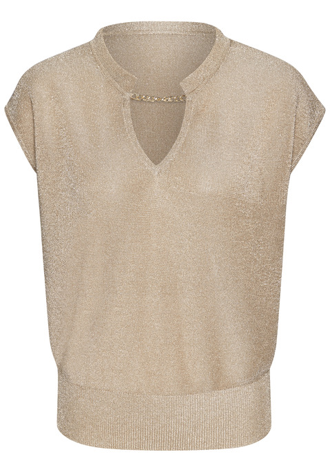 Bild: Kurzarmpullover von LASCANA: Ikonischer Strandpullover von Lascana mit stylischem Gliederketten-Detail am Kelchausschnitt. Leicht überschnittene Schultern für einen lässigen Touch. Lockere, feminine Passform. Rippbündchen am Saum vervollständigen den Look. Ideal für Strandpartys oder Festivals an warmen Sommertagen. Transparentes Glitzergarn im weichen Materialmix.