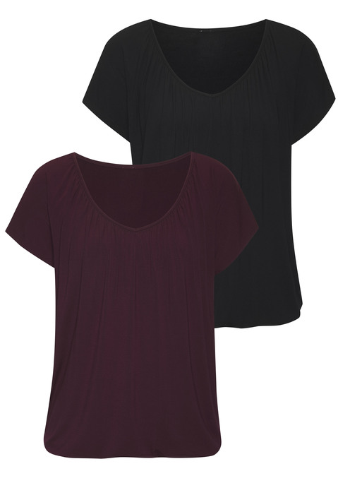 Bild: Kurzarmshirt von LASCANA: T-Shirt von Lascana im praktischen 2er-Pack. Rundhalsausschnitt mit Raffungen. Shirtsaum mit Gummizug. Lockere Passform. Weich fließender Jersey mit Viskose.