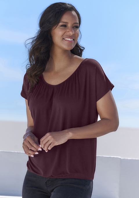 Bild: Kurzarmshirt von LASCANA: T-Shirt von Lascana im praktischen 2er-Pack. Rundhalsausschnitt mit Raffungen. Shirtsaum mit Gummizug. Lockere Passform. Weich fließender Jersey mit Viskose.