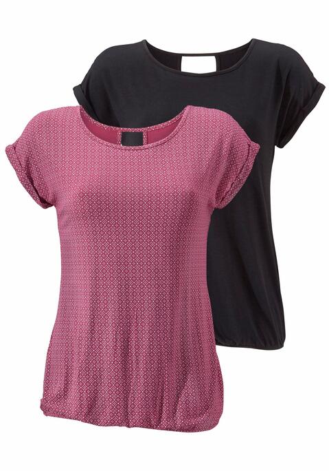 Bild: Kurzarmshirt von LASCANA: Lascana Shirts im 2er-Pack. Mit Rundhalsausschnitt und V-förmigem Cut-Out im Nacken. Gummizug am Bund für eine lockere Passform. Aus weicher Viskose-Elasthan-Qualität.