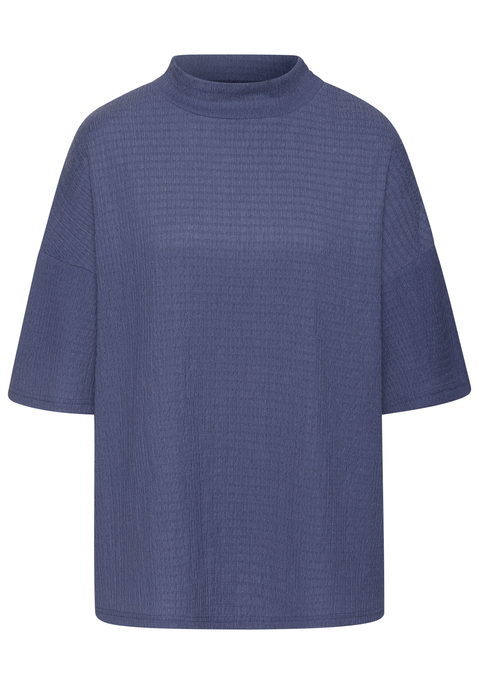 Bild: Kurzarmshirt von LASCANA: Locker geschnittenes Shirt von Lascana. Stehkragen. Überschnittene Schultern, halbe Ärmel. Strukturierte Crêpeware mit recyceltem Polyester.