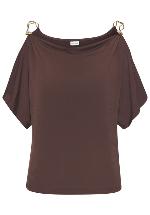 Bild: Kurzarmshirt von LASCANA: Edles Shirt von Lascana mit glänzenden Ketten als Träger. Kurze Ärmel mit Schlitz. In einer lockeren Passform und mit geradem Saumabschluss. Toll zu gemusterten Hosen und Röcken. Glatte Jerseyware.