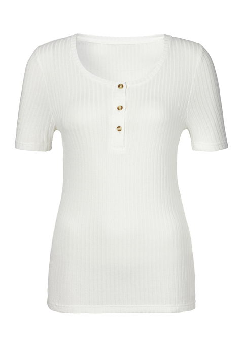 Bild: Kurzarmshirt von LASCANA: Kurzärmliges Shirt mit geradem Saum von Lascana. Mit kleiner Knopfleiste und Knöpfen in Horn-Optik. Perfekt für Urlaub und Freizeit. Elastische Ripp-Qualität aus feiner Viskose.