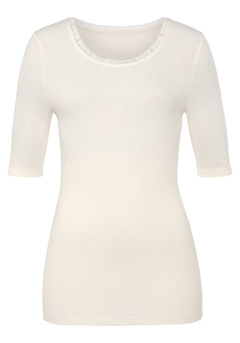 Bild: Kurzarmshirt von LASCANA: Unifarbenes T-Shirt von Lascana. Rundhalsausschnitt mit zarter floraler Spitze. Taillierte Passform. Feiner, elastischer Rippjersey mit weichem Griff aus angenehmer Viskose.