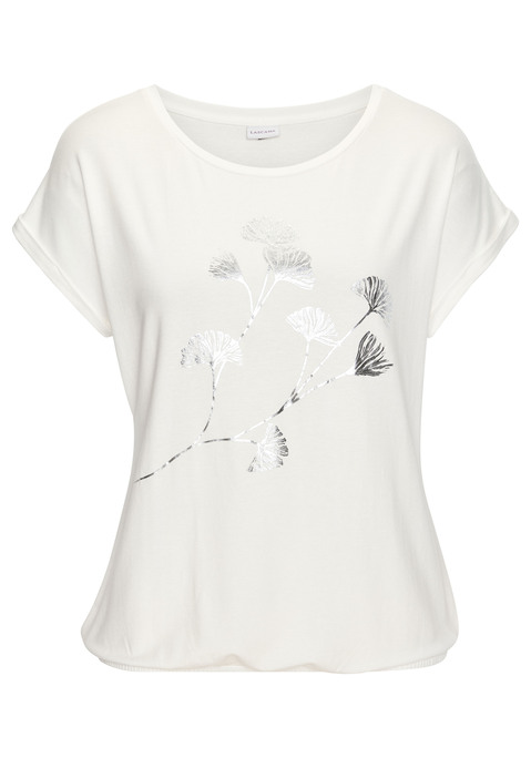 Bild: Kurzarmshirt von LASCANA: T-Shirt von Lascana mit floralem Folienprint vorn. Rundhalsausschnitt, fixierte Ärmelumschläge. Gummizug im Bund für eine lässige Passform. Elastische Viskosequalität.