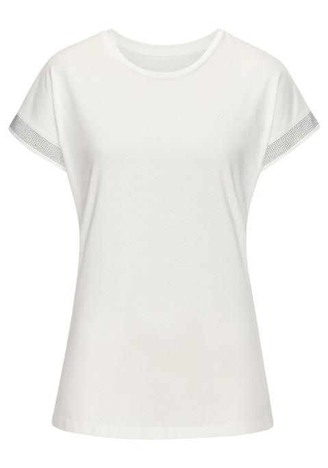 Bild: Kurzarmshirt von LASCANA: T-Shirt von Lascana mit Schmucksteinbesatz an den Ärmeln. Rundhalsausschnitt. Locker fallende Passform. Hochwertige Baumwollqualität.