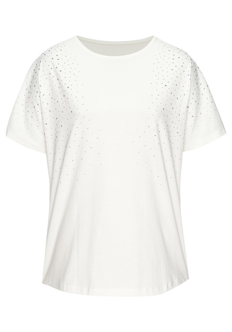 Bild: Kurzarmshirt von LASCANA: T-Shirt von Lascana mit glitzernden Schmucksteinen auf der Vorderseite. Rundhalsausschnitt mit dezenter Blende. Überschnittene Schultern für eine moderne Silhouette. Locker fallende Passform. Vielseitig kombinierbar. Hochwertige Qualität.