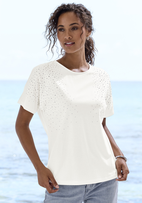 Bild: Kurzarmshirt von LASCANA: T-Shirt von Lascana mit glitzernden Schmucksteinen auf der Vorderseite. Rundhalsausschnitt mit dezenter Blende. Überschnittene Schultern für eine moderne Silhouette. Locker fallende Passform. Vielseitig kombinierbar. Hochwertige Qualität.