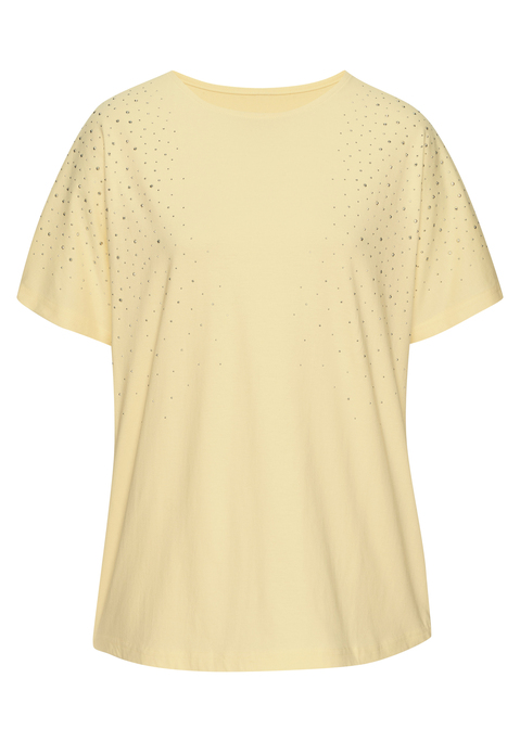 Bild: Kurzarmshirt von LASCANA: T-Shirt von Lascana mit glitzernden Schmucksteinen auf der Vorderseite. Rundhalsausschnitt mit dezenter Blende. Überschnittene Schultern für eine moderne Silhouette. Locker fallende Passform. Vielseitig kombinierbar. Hochwertige Qualität.