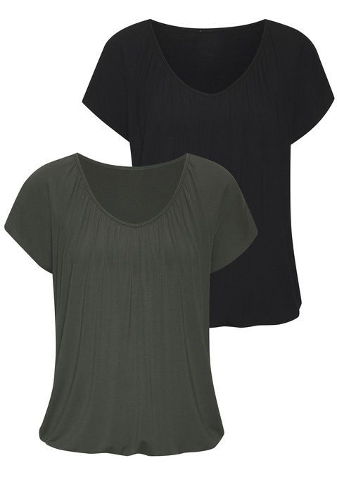 Bild: Kurzarmshirt von LASCANA: T-Shirt von Lascana im praktischen 2er-Pack. Rundhalsausschnitt mit Raffungen. Shirtsaum mit Gummizug. Lockere Passform. Weich fließender Jersey mit Viskose.