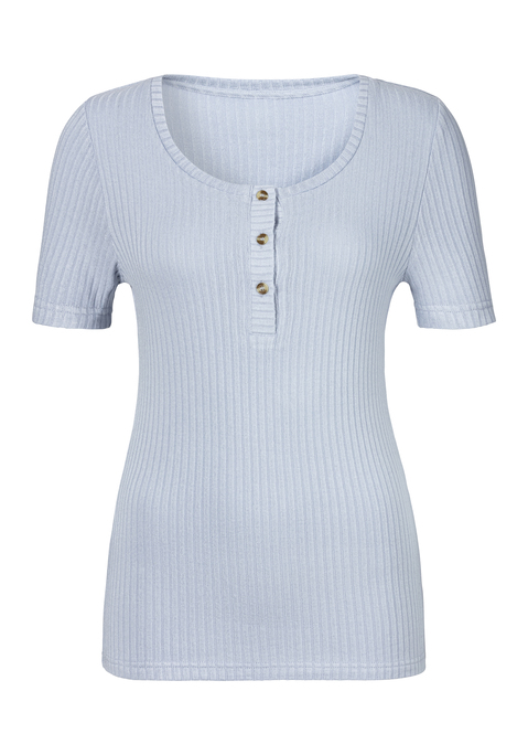 Bild: Kurzarmshirt von LASCANA: Kurzärmliges Shirt mit geradem Saum von Lascana. Mit kleiner Knopfleiste und Knöpfen in Horn-Optik. Perfekt für Urlaub und Freizeit. Elastische Ripp-Qualität aus feiner Viskose.