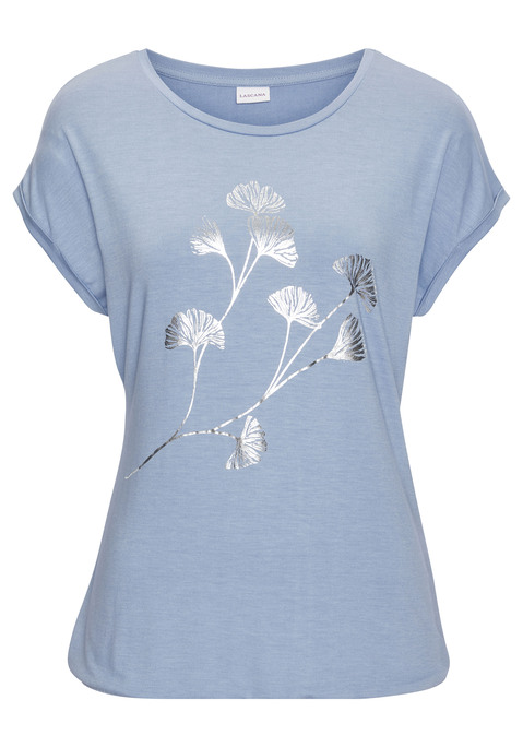 Bild: Kurzarmshirt von LASCANA: T-Shirt von Lascana mit floralem Folienprint vorn. Rundhalsausschnitt, fixierte Ärmelumschläge. Gummizug im Bund für eine lässige Passform. Elastische Viskosequalität.