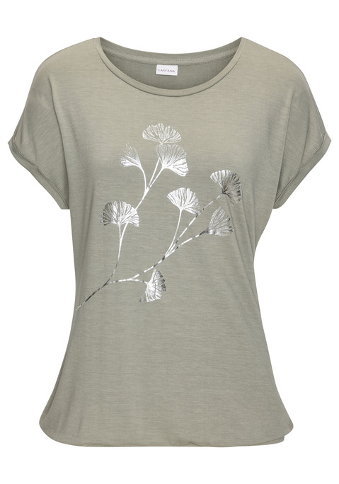 Bild: Kurzarmshirt von LASCANA: T-Shirt von Lascana mit floralem Folienprint vorn. Rundhalsausschnitt, fixierte Ärmelumschläge. Gummizug im Bund für eine lässige Passform. Elastische Viskosequalität.