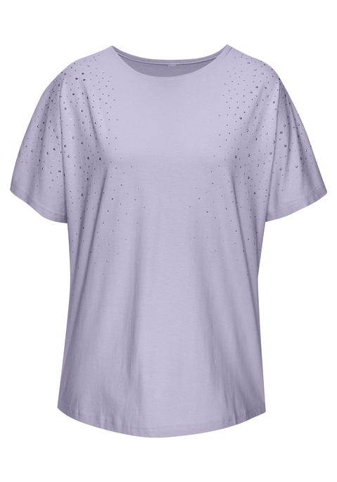 Bild: Kurzarmshirt von LASCANA: T-Shirt von Lascana mit glitzernden Schmucksteinen auf der Vorderseite. Rundhalsausschnitt mit dezenter Blende. Überschnittene Schultern für eine moderne Silhouette. Locker fallende Passform. Vielseitig kombinierbar. Hochwertige Qualität.