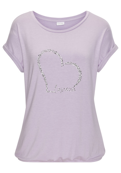 Bild: Kurzarmshirt von LASCANA: T-Shirt von Lascana mit großem Frontprint und Markenschriftzug. Rundhalsausschnitt mit Bündchen. Nahtlos angesetzte Krempelärmel. Bund mit Gummizug für eine lässige Passform. Weich fließender Viskosejersey.